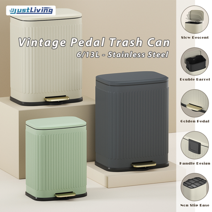 JustLiving 6/13L Stainless Steel Foot Pedal Trash Can with inner