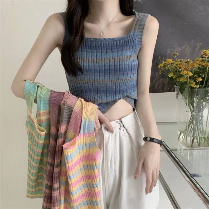 Diya Rainbow Knitted Top Crop Top Halter Contrast Color Knit Stripe ...