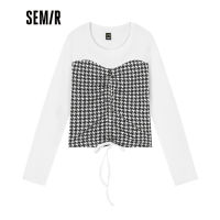 HOT”Semir แขนยาวเสื้อยืดผู้หญิงเย็บสั้น Houndstooth แฟชั่น2022ฤดูใบไม้ร่วงแฟชั่นใหม่ถักเสื้อยืดย้อนยุค