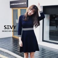 มินิเดรส SEVY Mini Dress งานแต่งแถบริ้ว คอกลม แขนยาว เนื้อผ้า Polyester