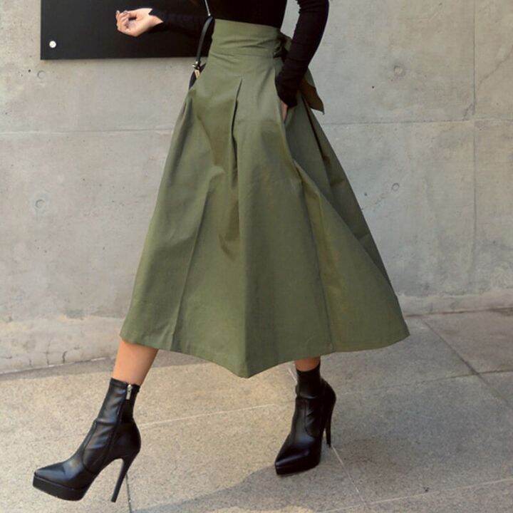 mexzt-high-waist-bow-skirts-women-korean-fashion-solid-big-swing-female-a-line-midi-skirts-elegant-all-match-slim-skirts