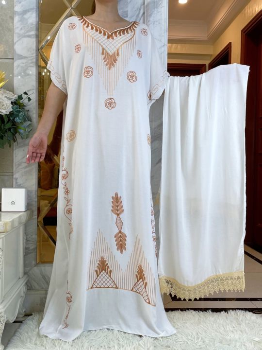 new-dubai-women-party-dress-summer-short-sleeve-dresses-with-big-lace-scarf-cotton-embroidery-loose-maxi-lady-islam-clothes