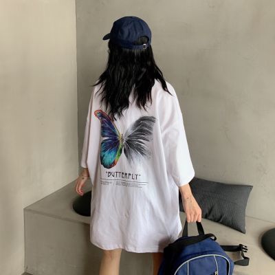 รุ่น-177ใหม่เสื้อยืดสไตล์เกาหลี พิมพ์ลายผีเสื้อทรงหลวมผ้านุ่มสวมใส่สบาย ๆ  bottoming แขนสั้นคู่เสื้อยืด พร้อมส่ง