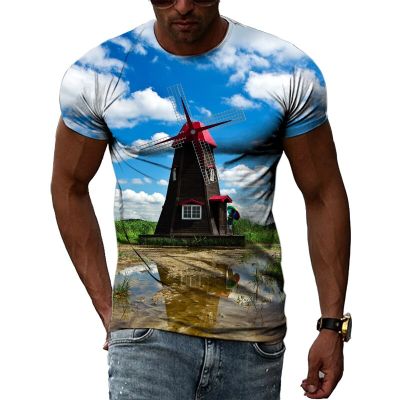 Summer Fashion Casual Mill Landscape Men t-shirts 3D Trend Hip Hop Harajuku Personality Printed Round Neck Short Sleeve Tee Tops