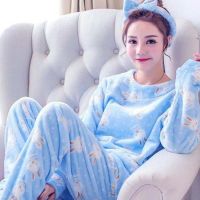 Long Sleeve Women Pajamas Set Turban Rabbit Print Winter Warm Thick Flannel Pyjamas Set Round Neck Coral Velvet Women Sleep Wear