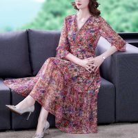 2023 New Pink Floral Chiffon V-Neck Sexy Midi Dress Summer Korean Elegant Bodycon Dress Women Boho Fashion Natural Silk Vestido