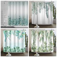 【CW】☌☈✗  Eucalyptus Shower Curtain Watercolor Leaves Floral Pattern Durable Decoration With Hooks