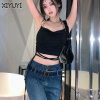 XIYUYI ความรู้สึกของลูกไม้ภายในเสื้อกล้ามคล้องคอ2023ของผู้หญิงที่มีความสวยงามด้านหลังเสื้อเชิ้ตสีพื้นดีไซน์ให้สัมผัสที่เสื้อสีดำ