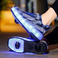 Student hidden button charging model runaway shoes boys and girls two-wheel four-wheel pulley shoes men and women sports wheel shoes