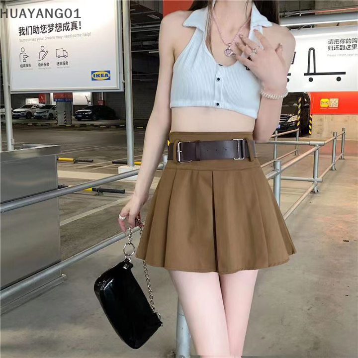 huayang01-2023แฟชั่นสุดฮอตใหม่เสื้อยืดกระโปรงมีจีบสีทึบ-rok-mini-สีกากีพร้อมเข็มขัดลำลอง-y2k-เพรพพี้