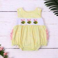 Fashion New Summer Small Flying Sleeve Baby Girl Jumpsuit Round Neck Bee Embroidery Bodysuit Yellow Lattice One-Piece Clothes