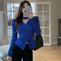 Klein Blue Design Niche Cross V-Neck Halter เสื้อกันหนาวถักเสื้อกันหนาว2022ฤดูใบไม้ผลิและฤดูใบไม้ร่วงใหม่ Top Women