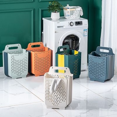 Bathroom Folding Laundry Basket Portable Dirty Clothes Storage Baskets Wall Hung Punch-Free Laundry Hamper Household Organizer