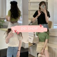 DD SHOPพร้อมส่ง 11120 เสื้อไหมพรมคอกลมแขนสั้น ดีเทลผ้าลายทั้งตัวน่ารักสีน่ารักมาก