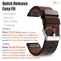 Zenia 26มม. 22มม. หนัง PU ออกอย่างรวดเร็ว fit สายนาฬิกาสำหรับ Garmin MARQ Forerunner 935 945 Instinct Fenix 7X 7 6X 6 Solar Pro 51mm 5X Plus 5 3 HR Approach S70 47mm S60 S62 Descent Mk1 Mk2 G1 Quatix Sapphire D2 Tactix Bravo Charlie Epix Gen 2 Enduro