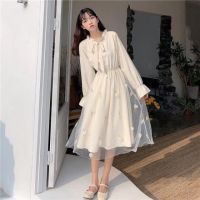 【COD】Dress autumn new school style waist show thin chiffon long sleeve skirt