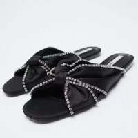 za.raˉSummer New TRF Womens Shoes Black Shiny Decoration Slippers Wear Flat Bottom Sandals with Diamond Sandals Outside