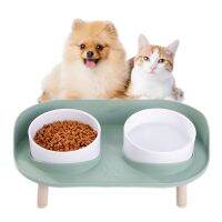 Cat Double Bowl Safety with Wood Stand and Silicone Mat Kitten Puppy Food Water Feeding Elevated Dish Dog Supplies Spill-Proof