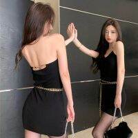 Suspender Dress Women S Chain Neck Skirt 2022ฤดูใบไม้ผลิและฤดูร้อนใหม่กระโปรงสะโพกสีดำด้านล่าง