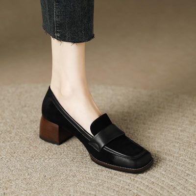 ✚✢ British style small leather shoes for women retro square toe single shoes thick heels spring and autumn new style genuine leather frosted loafers