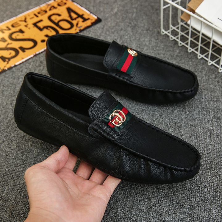 ผู้ชายโลฟเฟอร์หนังนิ่มใบบนรองเท้าลำลองระบายอากาศรองเท้าขับรถที่มีน้ำหนักเบา-สีดำ-สีขาว