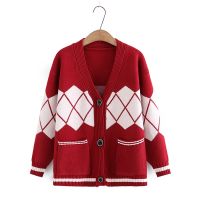 【มีไซส์ใหญ่】Plus Size XL-4XL Womens V-neck Knitted Button Up Cardigans Ladies Patchwork Vintage Outerwear