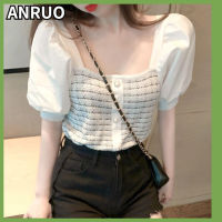 ANRUO เสื้อแขนพองเข้ารูปสำหรับผู้หญิง,ใหม่ฤดูร้อน2023เสื้อสไตล์ฮ่องกงแขนสั้นแบบประกบกันเสื้อถักคอสี่เหลี่ยมผ้าไอซ์ซิลค์