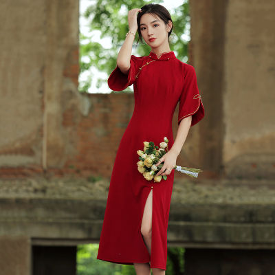 Toast Dress Cheongsam เจ้าสาวชุดแต่งงานยาวหญิง Inverted แขนสีแดง High-End Luxury Dress