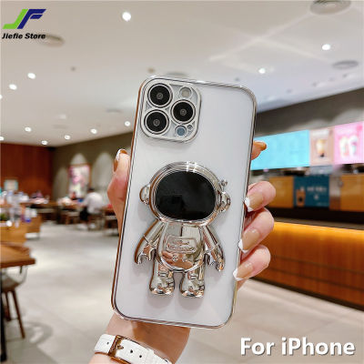 JieFie สำหรับ iPhone 14 Pro Max 13 Pro Max 12 Pro Max 11 Pro Max 6 6S Plus 7 8 Plus X XS XR XS Max เคสโทรศัพท์หรูหรา Chrome นักบินอวกาศชุบกรอบเคสใส TPU กันกระแทกฝาครอบโทรศัพท์ + ขาตั้ง