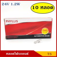 PHYLLIS หลอดไฟ T5 24V 1.2W (10หลอด) หลอดไฟเสียบ หลอดไฟรถยนต์ ราคา กล่องละ