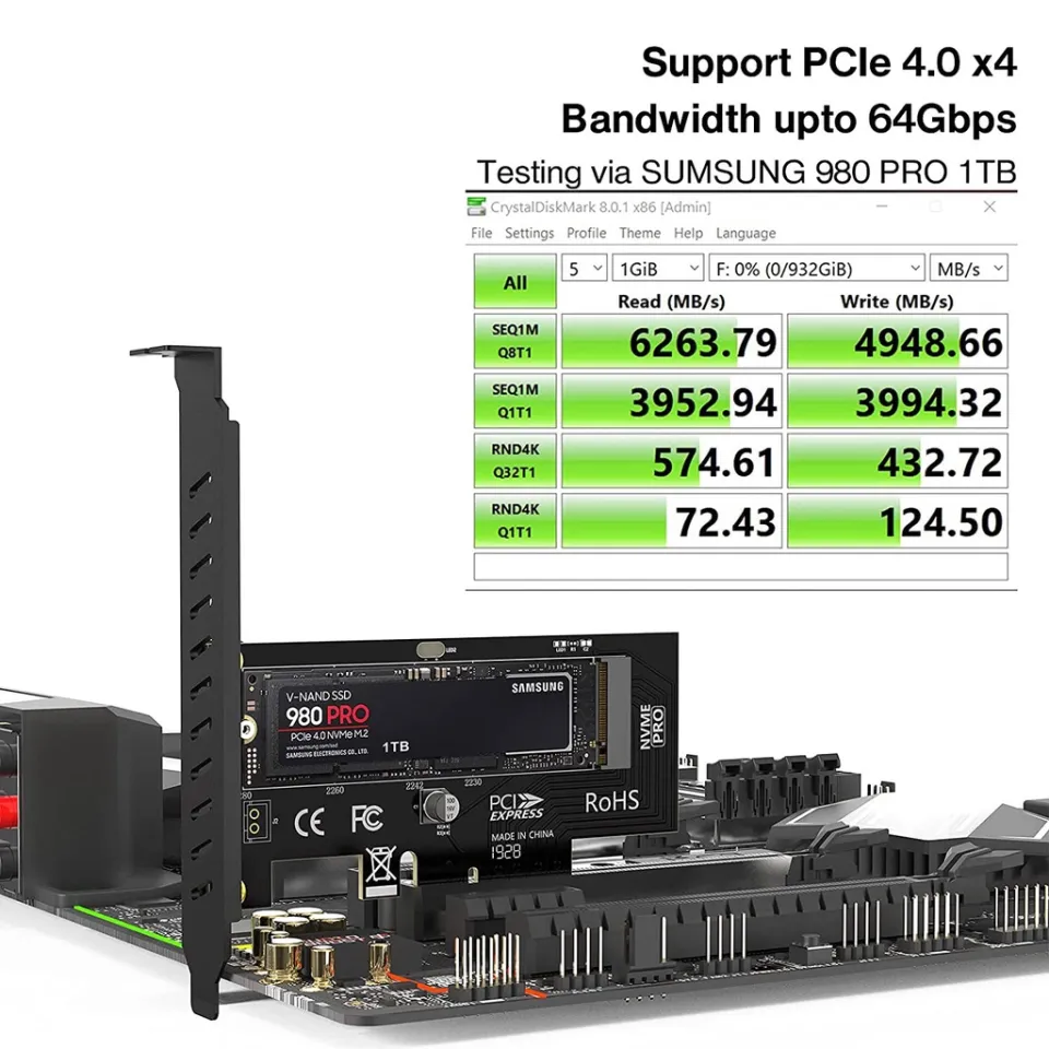 AMPCOM M.2 NVME SSD to PCIe 4.0 Adapter Card, 64Gbps SSD PCIe4.0 X4 Adapter  for Desktop PC, PCI-E GEN4 Full Speed