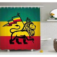 ผ้าม่านอาบน้ำ Rasta ของ Judah Lion พร้อมธง Rastafari King Jungle Reggae Theme Art Print, ผ้า