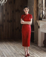 ฤดูร้อนสีแดง jacquard ซาตินทำด้วยมือปุ่ม cheongsam Elegant R แขนสั้น qipao เจ้าสาวจีนงานแต่งงาน dres S