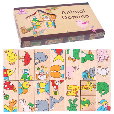 Free Shipping Classic 14PCS Cartoon Animal Solitaire Puzzles Game Children Wooden Toy Learning Education Wood Domino Baby Jigsaw