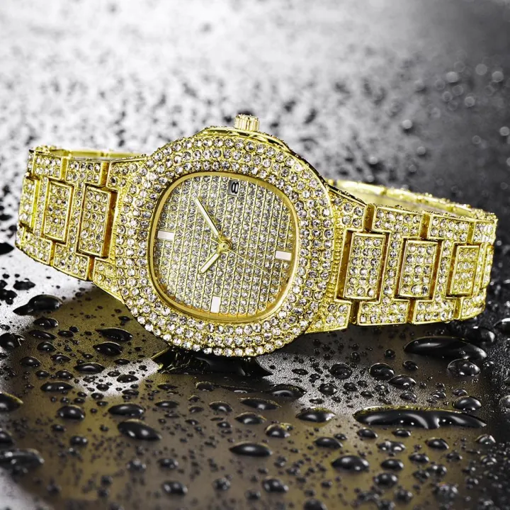 kemstone-นาฬิกาผู้ชายคริสตัลเต็มรูปแบบนาฬิกาควอตซ์บอกวันที่แฟชั่นเพชรแบรนด์หรู