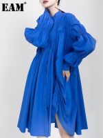 【YF】 [EAM] Women Asymmetrical Pleated Big Size Dress New Stand Collar Long Sleeve Loose Fit Fashion Tide Spring Autumn 2023 1K937