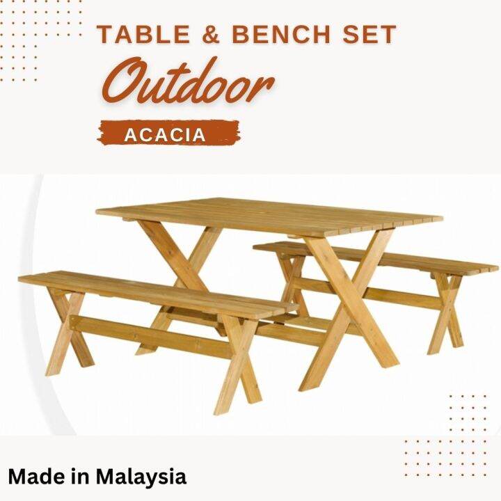 Acacia Rectangle Outdoor Table and Bench Set, Outdoor Furniture Garden