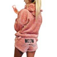 Women Girls Plus Size Winter Thicken Pajamas Set Cute Cat Meow Embroidered Short Pants Long Sleeve Hooded Ears Sweatshirt Warm