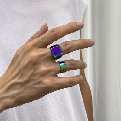 Hip Hop Colorful Silver Color Metal Glossy Rings for Men Cool Rock Geometric Finger Ring Engagement Wedding Jewelry Accessories