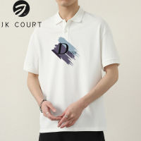 JK Court เสื้อคอปกแขนสั้นผู้ชาย,เสื้อพอลแขนสั้นพิมพ์ลายทรงหลวมสำหรับ Polo เสื้อยืด