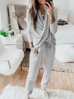 Women Pajamas V Neck Long Sleeve Lace Up Pants Solid Lounge Wear Casual Outfits Homewear 2pcs Set Sleepwear