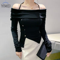 YIMEI 2023ใหม่เสื้อโชว์ไหล่ผู้หญิงเซ็กซี่สีดำรัดรูปเปิดไหล่แขนยาวสไตล์ฤดูใบไม้ร่วงใหม่