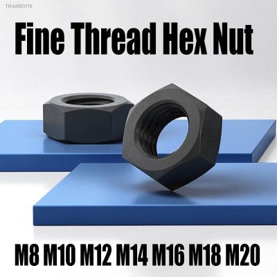 ✶♗✹ 1-2PCS Black Fine Thread Hex Nut M8 M10 M12 M14 M16 M18 M20 Pitch 1.0/1.25/1.5 Grade 8.8 Carbon Steel Hexagon Nut Fastener