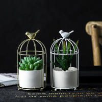 Nordic Birdcage Shape White Ceramic Flower Vase Gold Iron Flowerpot Modern Home Table Decoration Accessories For Livingroom