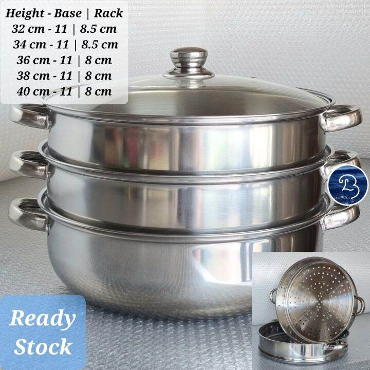 Stainless Steel Steamer Pots with Extra Thickness, 3 Tiers (32, 34, 36