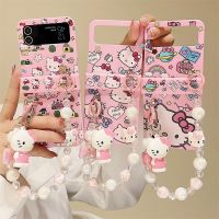 สำหรับ Samsung Galaxy Z Flip 4 3เคสโทรศัพท์ Hello Kitty สร้อยคอแบบจี้ห้อยแบบเต็มหน้าจอสำหรับ Samsung Galaxy ZFlip 4 3 Z Flip3 Flip4ฝาครอบสีลูกอม