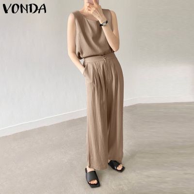 Vonda ชุดเสื้อเบลาส์ลําลอง แขนกุด คอสี่เหลี่ยม และกางเกงขายาว ขากว้าง สไตล์เกาหลี สําหรับผู้หญิง