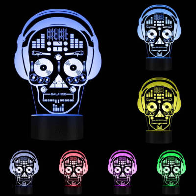3D LED Illustration Art DJ Skeleton Headphones Sound Mixer Night Lights Music Skull Tatoo Headphones LED Lights Decor Table Lamp