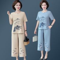 COD DSFDGDFFGHH ✨Mothers short sleeve suit foreign style 5060 year old middle-aged and elderly T-shirt thin style loose large fashion two-piece set female妈妈套装60岁中老年T恤薄款两件套女