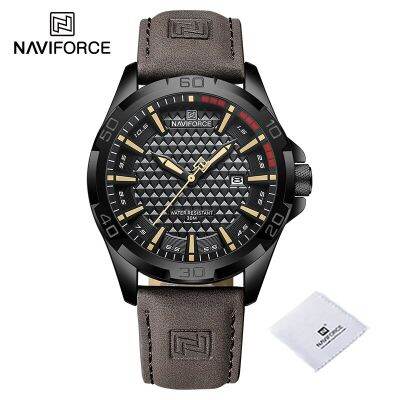 NAVIFORCE นาฬิกาแฟชั่นตามธรรมชาติแท้สำหรับกันน้ำผู้ชายหนังนาฬิกาข้อมือชายปฏิทินนาฬิกา Relogios Masculino 8023